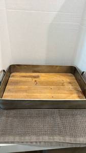 lot 1009 image: Rectangular metal Serving Tray with Wood Panel Insert and handles 21x14