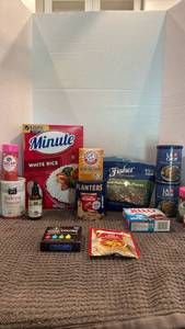 lot 1115 image: Pantry Lot Minute White Rice, Jello, Food Coloring, Stevia, Hot Chili Seasoning Mix and more