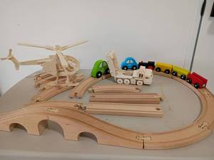 lot 2117 image: Childs Wooden Train Set with Vehicles, Helicopter and Truck