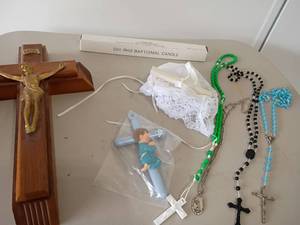 lot 2130 image: Wooden Wall Cross with Brass Corpus, Baptismal Candle, Rosaries, St.Christopher Medal and More