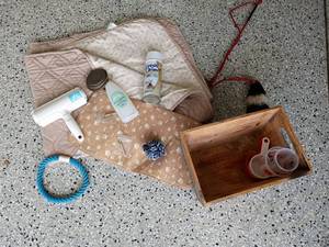 lot 2136 image: Dog Items plus a Cat Toy.  Blanket, Toys, Lids for Dog Food Cans, Dog Whistle and More