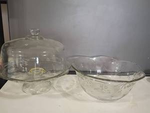 lot 2218 image: Glass Cake Dome and Platter Set with Floral Embossed Design 2 Pieces