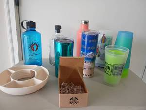 lot 2219 image: Miscellaneous Drinking Cups, Silicone Snack Tray, Reusable Ice and More