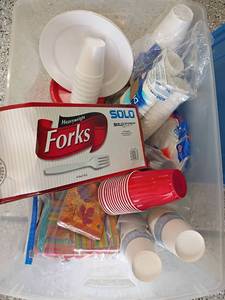 lot 2224 image: Large Storage Tote with Paper Goods.  Napkins, Plates, Bowls, Cups, Forks and More