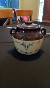 lot 7108 image: Two-Handle Ceramic Cooking Pot with Lid and Bull Decoration