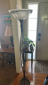 lot 70750 image: Floor Torchiere Lamp with Frosted Glass Shade and Decorative Metal Accents 70 inches tall
