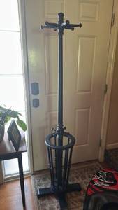 lot 70751 image: Black Wood Coat Rack Stand with Umbrella Holder 68 inches tall