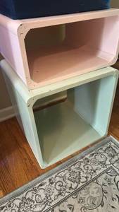 lot 70780 image: 2-Piece Stackable Storage Bins Pink and Green Open Shelves