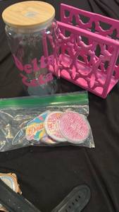 lot 70785 image: Delta Zeta Sorority Merchandise Lot Glass Jar Pink Organizer Coasters