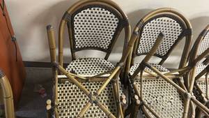 lot 70807 image: Set of 4 Woven Rattan Bistro Chairs with Black and White Seat
