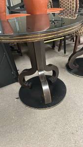 lot 70813 image: Round Pedestal Table with Black Top and Gold Trim 30 round and 30 tall