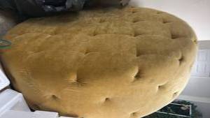 lot 70874 image: Vintage Formal Upholstered Barrel Ottoman Gold Tufted 6 foot