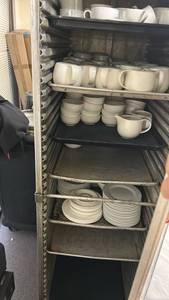 lot 70879 image: Commercial Dishwasher Lot White Ceramic Dishes Bowls Cups Plates and tea pots