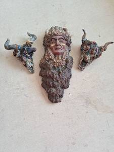 lot 53 image: Carved Decorative Figurine Set with Native American Chief Bust and Horned Figures