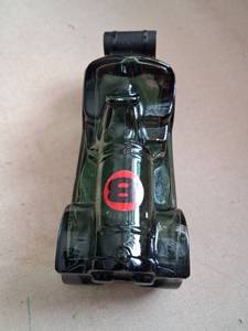lot 58 image: Glass Race Car Figural Bottle with Black Plastic Cap No. 8 Sticker Lot of  3