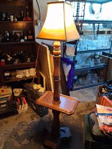lot 89 image: Table Lamp with Turned Wood Base and Fabric Shade