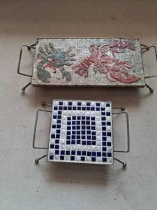 lot 116 image: 2 Decorative Mosaic Tile Trays with Metal Handles
