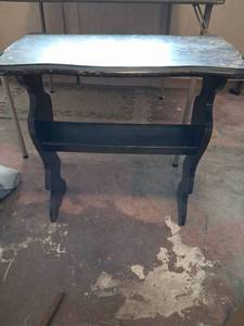 lot 122 image: Small Table with Shaped Top and Shield-Carved Trestle Base Dark Finish