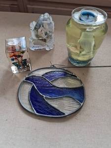 lot 132 image: Stained Glass Window Panel Blue and White Swirl Design 9 inch