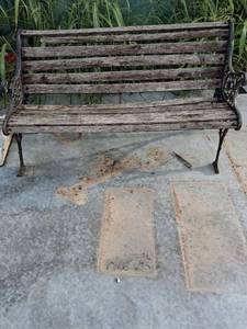 lot 160 image: Park Bench with Wood Slats and Ornamental Metal Armrests