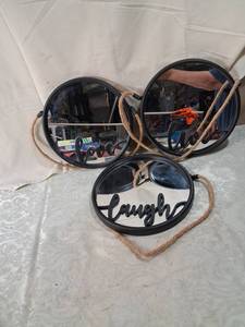 lot 176 image: Round Mirror with Rope Hanger and Script Text 3-Piece Lot
