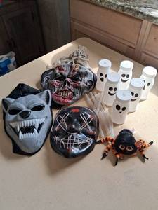 lot 185 image: Halloween Costume Mask and Decoration Lot with Ghost Containers and Spider