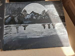 lot 187 image: Canvas Painting Mountain Lake Scene with Family Inspirational Wood Sign