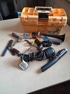 lot 218 image: Hand Tools Lot with Toolbox, Pipe Wrench, Pliers, Cordless Drill, Electrical Cable