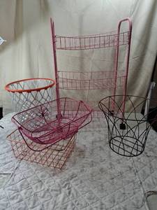 lot 221 image: Pink 3-Tier Wire Shelf Basket Storage Rack with Wheels