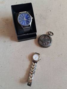 lot 225 image: Lot of 3 Watches Quartz Wristwatch, Pocket Watch, and Hunter Case Timepiece