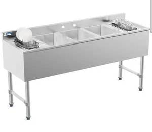 lot 18245 image: 60 in. Freestanding Stainless Steel 3-Compartment Commercial Kitchen Sink with Double Drainboard - Retail $464