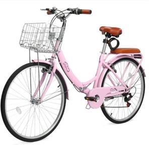 lot 18246 image: Camping Survivals 24 Inch Folding Beach Cruiser Bike, 7 Speed Womens Bike with Foldable Basket, Lock & Rack, Pink - Retail $357