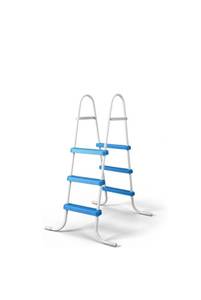 lot 18254 image: Metal Frame Above Ground Swimming Pool Entry, 3 Step, Blue & WhiteExit Ladder for 42 High Wall Pools, 300 Pound Capacity - Retail $66