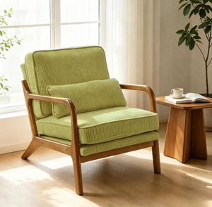 lot 18259 image: Karl home Mid-Century Modern Accent Reading Chair, GreenCorduroy Upholstered, Solid Wood Frame, Soft Cushion, Lumbar Pillow, Lounge Armchair for Living Room, Bedroom, Balcony, Study - Retail $129