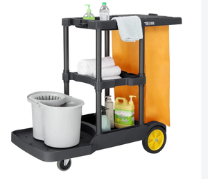 lot 18265 image: 3-Tier 500 LBS Capacity Janitorial Cart with 22 Gallon Bag Black - Retail $139