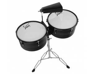 lot 18266 image: Glarry Latin Percussion 13 & 14 Timbales Drum Set with Stand and Cowbell Black - Retail $139