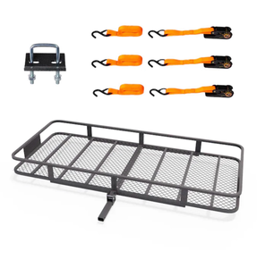 lot 18269 image: 70D x 30W x 6H Folding Hitch Mount Cargo Carrier BasketSteel Car Cargo Trailer Hitch Luggage Rack with Straps and Stabilizer - Retail $159