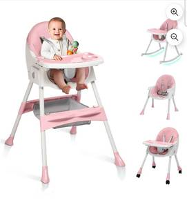 lot 18271 image: Ktaxon Baby High Chair, Convertible 6 in 1 High Chairs for Babies and Toddlers, Foldable Baby Highchair with 5-Point Safety Harness, Adjustable Dining Tray, Backrest & Height,Pink - Retail $89