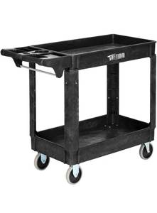 lot 18273 image: TUFFIOM Plastic Service Utility Cart with Wheels, 550lbs Capacity Heavy Duty Tub Storage Cart WDeep Shelves, Multipurpose Rolling 2-Tier Mobile Storage Organizer, for Warehouse Garage Industrial - Retail $79