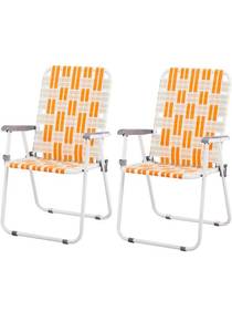lot 18275 image: Webbed Lawn Chairs Set of 2, Easy Open & Lightweight OrangeFoldable Metal Patio Chairs Stable Steel Outdoor Chair for Camping, Fishing, Beach, Poolside, Backyard and BBQ - Retail $59