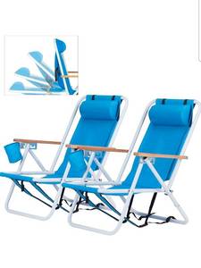 lot 18278 image: Folding Beach Chair Adjustable Headrest w4 Flexible Tilt Angle 2Cup Holder Portable High Strength Cleanable Fabric, for Sand Camping Lawn Concert Travel Festival - Retail $69
