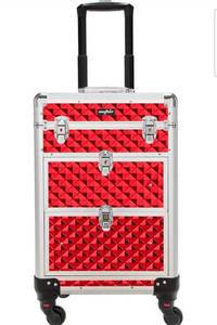 lot 18282 image: OmySalon Aluminum Rolling Makeup Train Case, Portable Makeup Organizer Suitcase, Cosmetic Storage Box, Travel Beauty Luggage Trolley Lockable w4 Removable Wheels & 2 Sliding Drawers, Red - Retail $89