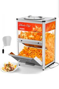 lot 18283 image: ROVSUN Nacho Chip Warmer, Nacho Machine Countertop Food Warmer Display Case with Warming Light, Glass Door, Scoop & Removable Deflection for Nacho Chips Stainless Steel - Retail $149