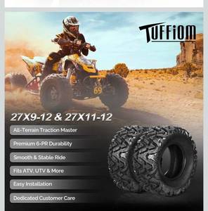 lot 18284 image: TUFFIOM Set of 2 ATV UTV All-terrain Tires 27x9-12 Front & 27x11-12 Rear, 6 PR, Tubeless - Retail $140