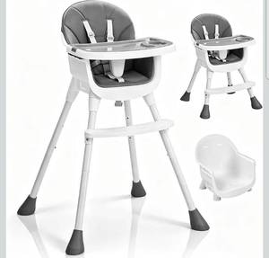 lot 18285 image: Ktaxon 3-in-1 High Chair for Babies and Toddler with 5-Point Harness, GreyPortable, Adjustable Height Highchair, Included Removable Dual-Layer Tray, Easy to Clean Seat Cushion and Footrest, for Home - Retail $48