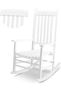lot 18291 image: Outdoor Rocking Chair, Solid Wood High Back Rocker, WhiteAll Weather Lounge Chair for Porch Patio Fire Pit Garden Backyard Deck Indoor, Wave Shape - Retail $99