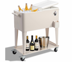 lot 18292 image: Ktaxon 80 Qt Rolling Ice Chest Cooler Cart Outdoor Trolley with Storage Shelf, Bottle Opener & Cap Collector for 48 Hour Cold Drinks,White - Retail $370