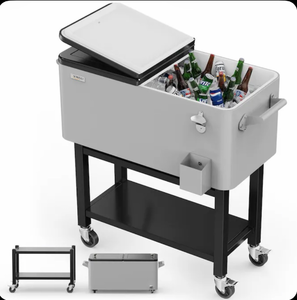 lot 18298 image: 80 QT Patio Cooler  Rolling Ice Chest on Wheels Portable Patio Party Bar Drink Cooler Cart with Bottle Opener Gray - Retail $159