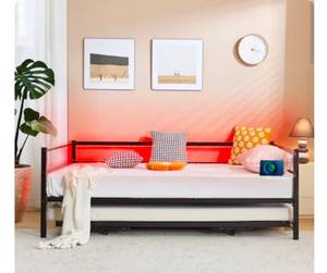 lot 18300 image: VINGLI 78L x 41W x 28H Twin Size Daybed with Trundle Bed Charging Station and LED Lights Black - Retail $199