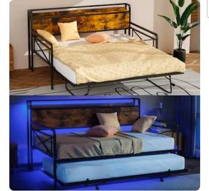lot 18309 image: VINGLI 77L x 99W x 40H Twin Size Daybed with Pop-up Trundle Bed Charging Station Wooden Storage Headboard and LED Lights Brown - Retail $219